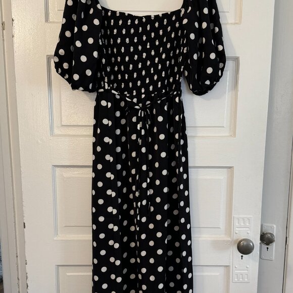 ASOS Lola May Black & White Polka Dot Shirred Ruffled Maxi Dress - sz 14 - Picture 2 of 8